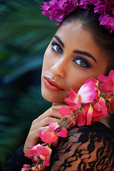 Image showing Jungle, portrait or woman with flowers for beauty, natural cosmetics or wellness in nature aesthetic. Color, Indian person or face of model with at eco friendly skincare, plants or spring floral art