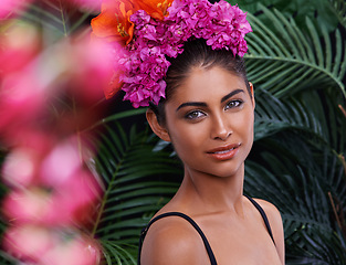 Image showing Jungle, portrait or woman with flowers for natural beauty, cosmetics or wellness in nature aesthetic. Color, Indian person or face of model with at eco friendly skincare, plants or spring floral art