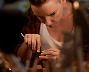 Image showing Woodworking, carpentry and woman in workshop for creative project, craft or sculpture. Artisan, industrial and young female carpenter manufacturing furniture products in studio for small business.