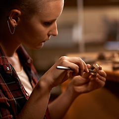 Image showing Carving, wood and artist in workshop with tools for creative project or production of sculpture closeup. Artisan, carpenter and woman with talent for creativity in studio in process of woodworking