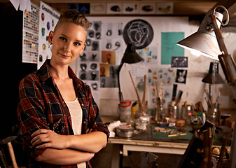 Image showing Artist, studio and portrait of woman in workshop for creative sculpture or working on project at night. Artisan, workplace or person with arms crossed for pride or confidence as carpenter with talent