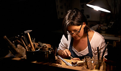 Image showing Woodwork, woman and tools with wood in workshop with craftsmanship, skill and handmade design with creativity. Artist, carpenter or creative person at workspace with equipment for handicraft or hobby