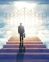 Image showing Businessman, staircase and light to guide to heaven or eternity for afterlife, salvation and paradise. Medieval, ancient and steps for spiritual journey or path, walkway and freedom to beyond.