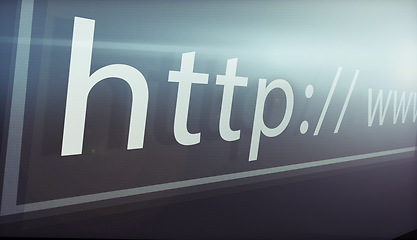 Image showing Closeup, website and url of search bar on computer screen for information, worldwide surfing or server. Homepage, html or webpage address for browsing, research download and online portal on internet