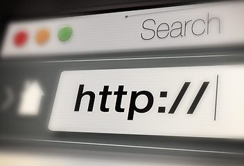 Image showing Closeup, web and url of search bar on computer screen for information, worldwide surfing and server. Homepage, html and webpage address for browsing, research download and online portal on internet