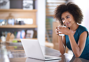 Image showing Thinking, drinking coffee and woman on laptop in home for remote work at desk in apartment. Dream, computer and African freelancer with tea at table, inspiration or planning future in the morning