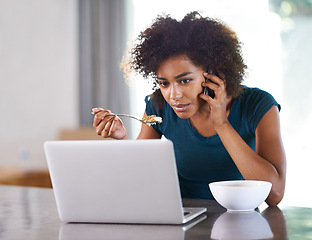 Image showing Phone call, eating breakfast and woman on laptop in home for remote work, internet or social media at desk. Smartphone, computer and African freelancer with food at table, cereal and healthy diet