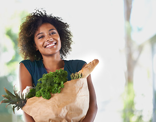 Image showing Smile, paper bag and portrait of woman with groceries for dinner, lunch or supper at home. Happy, healthy and young female person with fresh, organic or nutrition ingredients for diet at house.