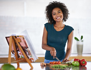 Image showing Cooking, portrait and happy woman chopping vegetables with recipe book in kitchen for healthy diet, nutrition or lunch. Cutting board, food and face of African person preparing organic meal in home