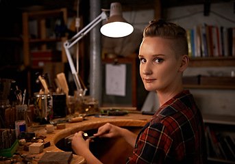 Image showing Portrait, woman or tools with wood in workshop with craftsmanship, skill or handmade design and creativity. Woodwork, carpenter or creative person with confidence or equipment for handicraft or hobby