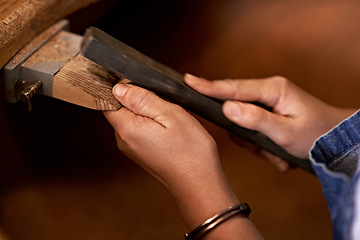 Image showing Woodworking, industry and hands of woman in workshop for creative project or sculpture. Artisan, industrial and closeup of female carpenter manufacturing products in studio for small business.