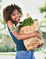 Image showing Happy, paper bag and portrait of woman with groceries for dinner, lunch or supper at home. Smile, healthy and young female person with fresh, organic or nutrition ingredients for diet at house.