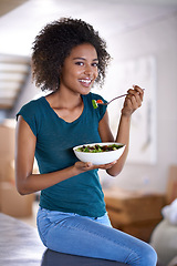 Image showing Black woman, home and salad for wellness, eating and health in fitness and vegetable lifestyle. African female person, kitchen and healthy food for meal prep, happy and nutrition at house indoor