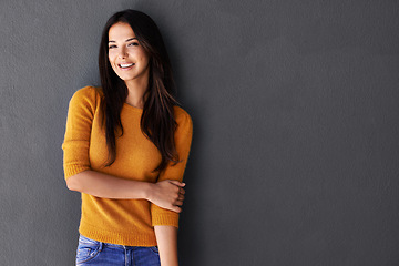 Image showing Woman, smile and portrait for clothes, fashion and style for weekend or indoor. Female person, model and happy with jersey for casual outfit, stylish and fashionable on gray backdrop on mockup
