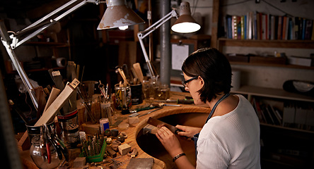 Image showing Artist, woman and cutting with wood in workshop for craftsmanship, skill or handmade design with creativity. Woodwork, carpenter or creative person at workspace with equipment for handicraft or hobby