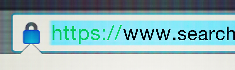 Image showing Secure, website and url of search bar on computer screen for information, worldwide surfing and server. Homepage, html or webpage address with closeup, research download and online portal on internet