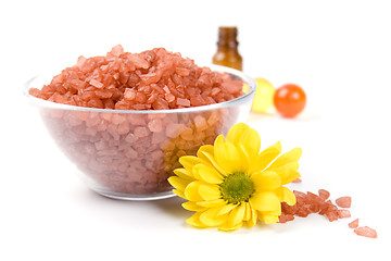 Image showing bath salt, oil balls in a bowl and flower