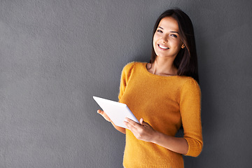 Image showing App, social media and internet for woman with tablet for online, web and info on weekend or indoor. Blogger or content creator with smile and finger on screen for research, tech and browse mockup