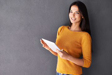 Image showing App, social media and internet for woman with tablet for online, web and info on weekend or indoor. Blogger or content creator with smile and holding tech for engagement, scroll and browse on mockup