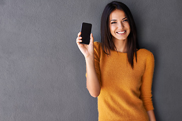 Image showing Phone screen, portrait or happy woman with mockup for contact, web or communication on wall background. Smartphone, face or female person with google it space, search or Netflix and chill sign up app