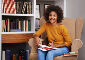 Image showing Woman, portrait and library studying with books for scholarship education for university degree, college or learning. Female person, face and student research with notes for lesson, class or project