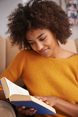 Image showing Woman, book and reading in university library or higher education or scholarship studying, literature or research. Female person, smile and textbook for school project or learning, academy or college