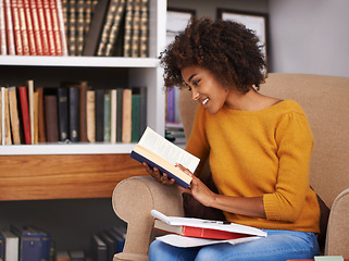 Image showing Woman, book and library reading for education research on campus or scholarship degree, college or notebook. Female person, literature and shelf as student or study information, academy or knowledge