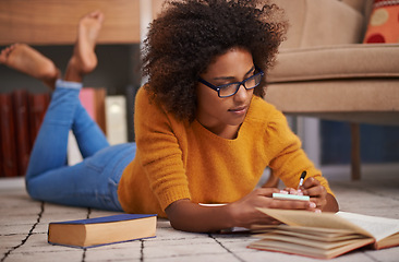 Image showing Woman, student and library research with notebook for university project for writing, scholarship or learning. Female person, glasses and floor at college campus for knowledge, literature or studying