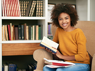 Image showing Woman, portrait and library with book or university research with note or education project, academic or scholarship. Female person, face and learning knowledge on American campus, reading or college