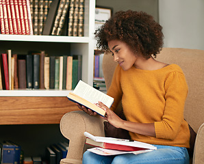 Image showing Woman, book and library reading for university research on campus or scholarship degree, college or notebook. Female person, literature and shelf as student or study information, academy or knowledge