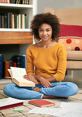 Image showing Portrait, smile and happy student in home library, floor and studying for exam. Education, test and learning for university female scholar in London, knowledge and literacy with textbooks for notes