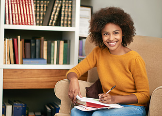 Image showing Woman, portrait and library education with books or scholarship information or university degree, college or learning. Female person, face and student research with notes for lesson, class or project