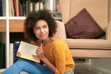 Image showing Woman, book and library thinking for research project on university campus for idea thoughts, scholarship or learning. Female person, pen and contemplating for higher education, future or studying