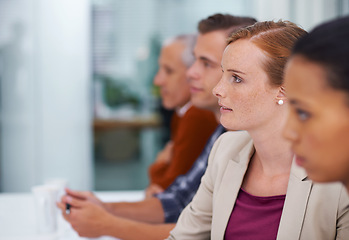 Image showing Business team, listening and professional in seminar and diversity in meeting for company growth. Hr consulting, audience and learning or training on employee retention and negotiation in workplace