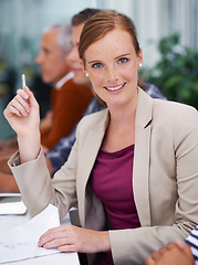 Image showing Happy business woman, portrait or professional in board meeting or conference for consulting for growth. Hr consultant, positive or face in convention or training for employee retention in workplace