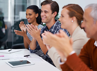 Image showing Team, happy and applause in business meeting for achievement and celebration of sales in conference room. Design professional, solidarity and clapping hands for speaker and success of company growth