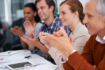 Image showing Business people, happy and applause in presentation in meeting and celebration for teamwork in conference room. Accounting, success and clapping hands for speaker and achievement of company growth