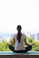 Image showing Woman, meditation and yoga with mat by window for workout, exercise or spiritual wellness at home. Rear view of female person or yogi meditating in relax for inner peace, zen or fitness at the house