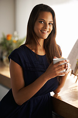 Image showing Woman, home and kitchen counter with smile for coffee at confident break with happiness, enjoy and relax. Portrait, person and satisfied in morning for leisure, chill and positivity for self care