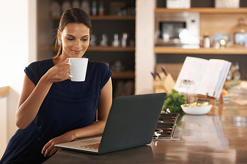 Image showing Woman, laptop and drinking coffee in kitchen for online communication for email, internet or remote work. Female person, caffeine and freelance journalist for planning research, report or proposal