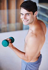 Image showing Man, portrait and dumbbell for weightlifting, fitness and muscle training for body and self care. Topless athlete, exercise and endurance in workout at home for health, wellness and strength
