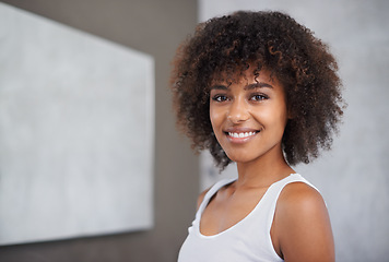 Image showing African woman, portrait and happy in bathroom for beauty, wellness and afro in home to start morning routine. Girl, person and happy with cosmetics, change and transformation with hair in apartment