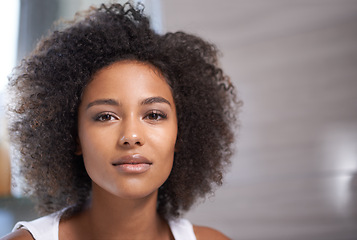 Image showing Natural, beauty and portrait of black woman in morning, bathroom and glow on skin from dermatology. African, skincare and face of girl with makeup from cosmetics or hair care for curly hairstyle