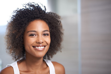 Image showing Smile, skincare and portrait of black woman in home with beauty, cosmetic glow and self care. Happy, face and female person with makeup for shine, dermatology and morning routine for wellness