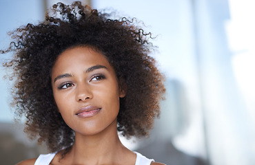 Image showing Natural, beauty and black woman with skincare and thinking in morning with glow on skin from dermatology. African, hair care and girl with ideas for makeup, planning cosmetics or choice of hairstyle