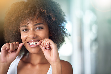 Image showing African woman, dental floss and smile in portrait for oral wellness, health and benefits for mouth in morning. Girl, person and teeth whitening with string, cleaning and change for results in house