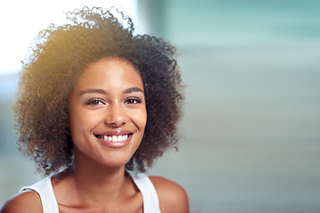 Image showing Natural, beauty and portrait of black woman in morning, bathroom and glow on skin from dermatology. African, skincare and girl with makeup from cosmetics or hair care for curly hairstyle mockup