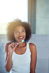 Image showing African woman, toothbrush and happy in bathroom for oral wellness, health and benefits for mouth in home. Girl, person and teeth whitening with thinking, cleaning and toothpaste for results in house