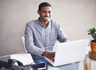 Image showing Portrait, smile and black man laptop for business at home office, remote work and typing email. Face, computer and professional freelancer at desk for blog, article or copywriting for creativity