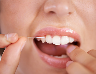 Image showing Flossing, dental and closeup of woman teeth with health, wellness and clean routine for hygiene. Oral care, happy and zoom of young female person with dentistry mouth treatment for fresh breath.